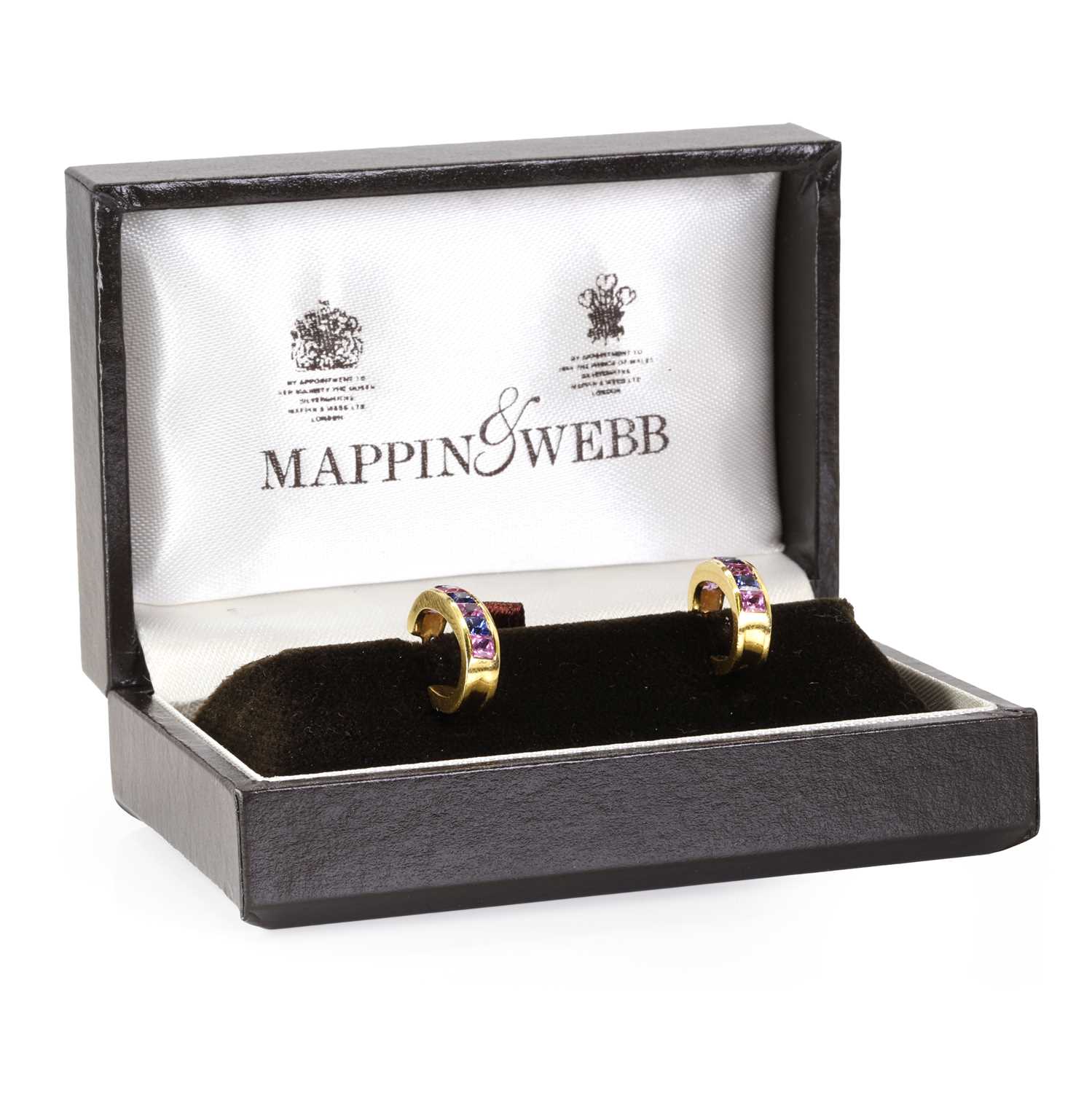 A pair of 18ct gold pink and blue sapphire cuff earrings, by Mappin & Webb, - Image 3 of 3
