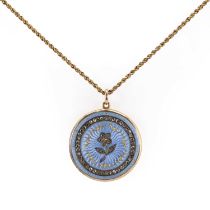 An Edwardian guilloché enamel and rose cut diamond locket pendant and chain, c.1910,