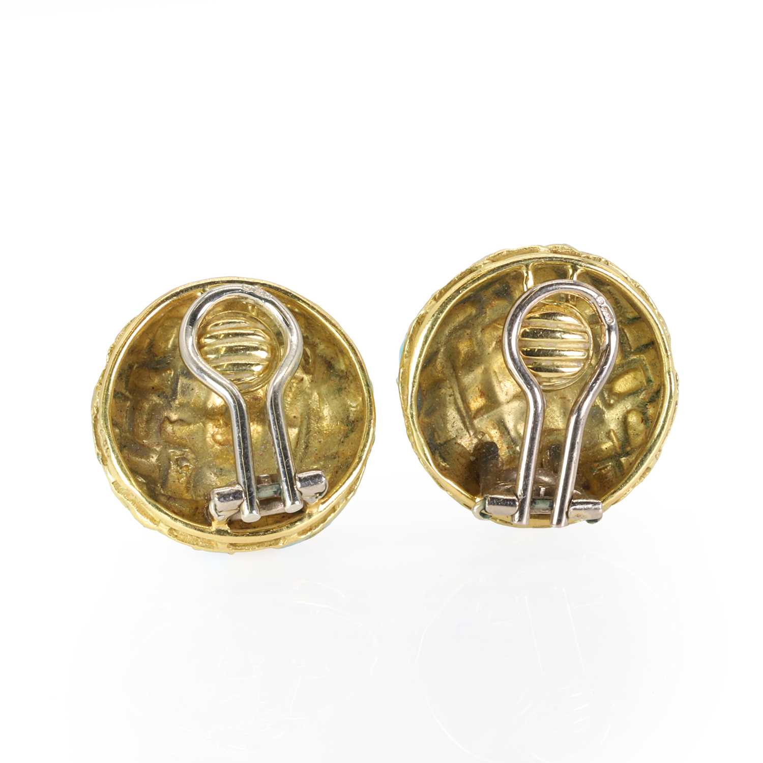 A boxed pair of 18ct gold and enamel clip earrings, by John Donald, - Image 2 of 3