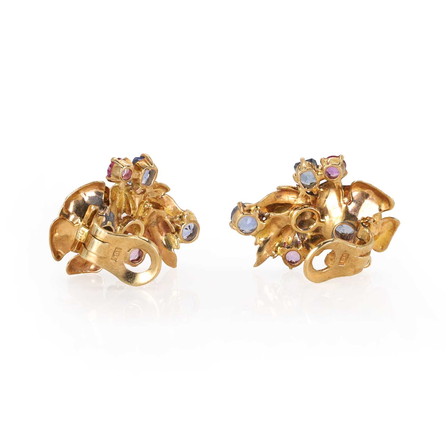 A pair of rose gold varicoloured sapphire clip earrings, c.1950, - Image 2 of 2