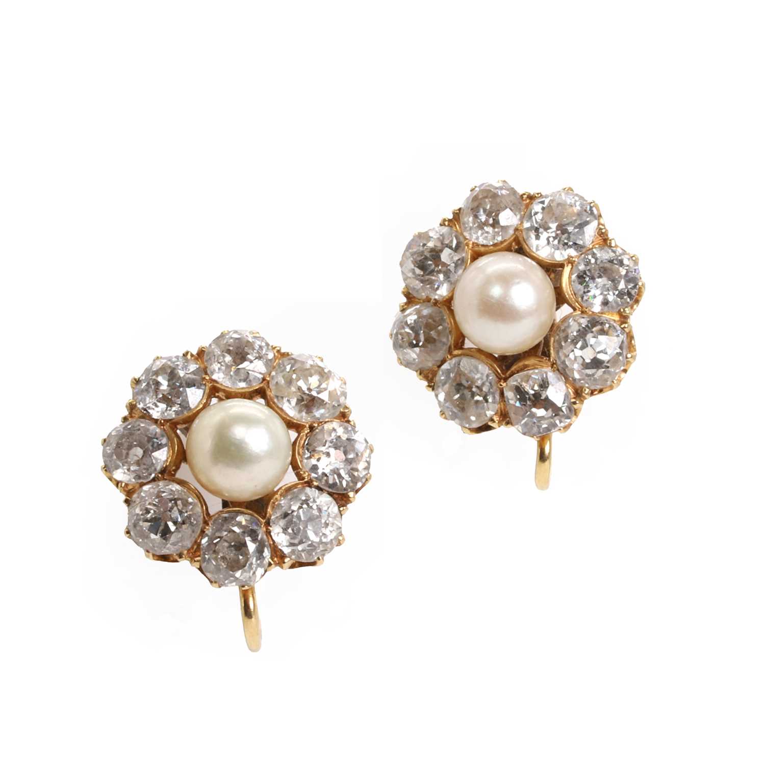 A pair of late Victorian pearl and diamond cluster earrings, c.1880,