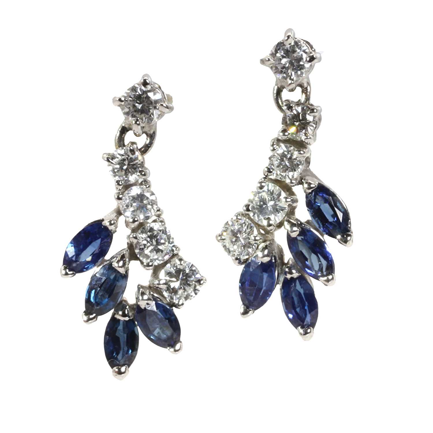 A pair of 18ct white gold diamond and sapphire drop earrings,