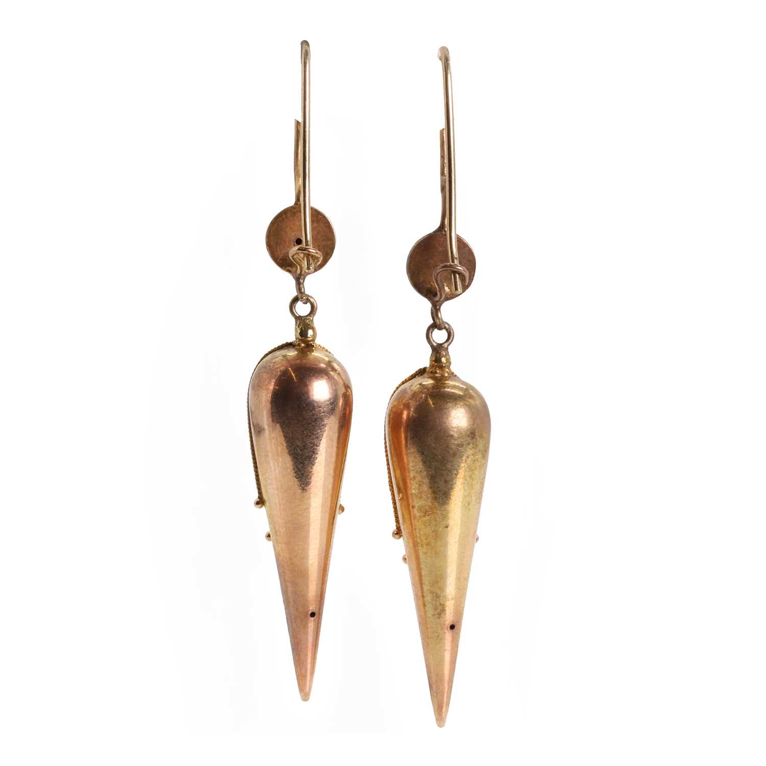 A pair of Victorian Etruscan revival, inverted pippin drop earrings, c.1870, - Image 2 of 2