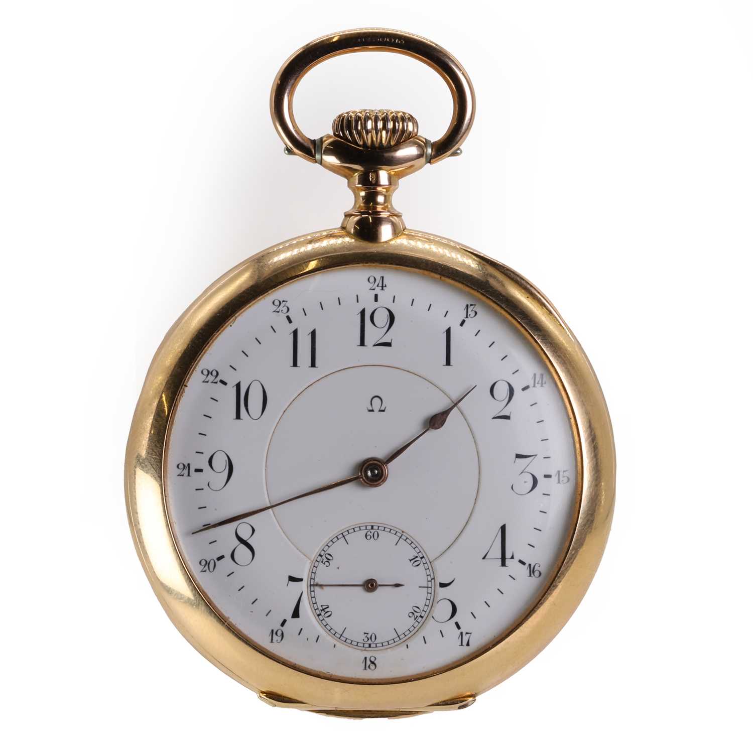 An 18ct gold top wind open faced Omega pocket watch,