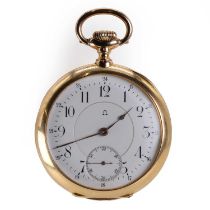 An 18ct gold top wind open faced Omega pocket watch,