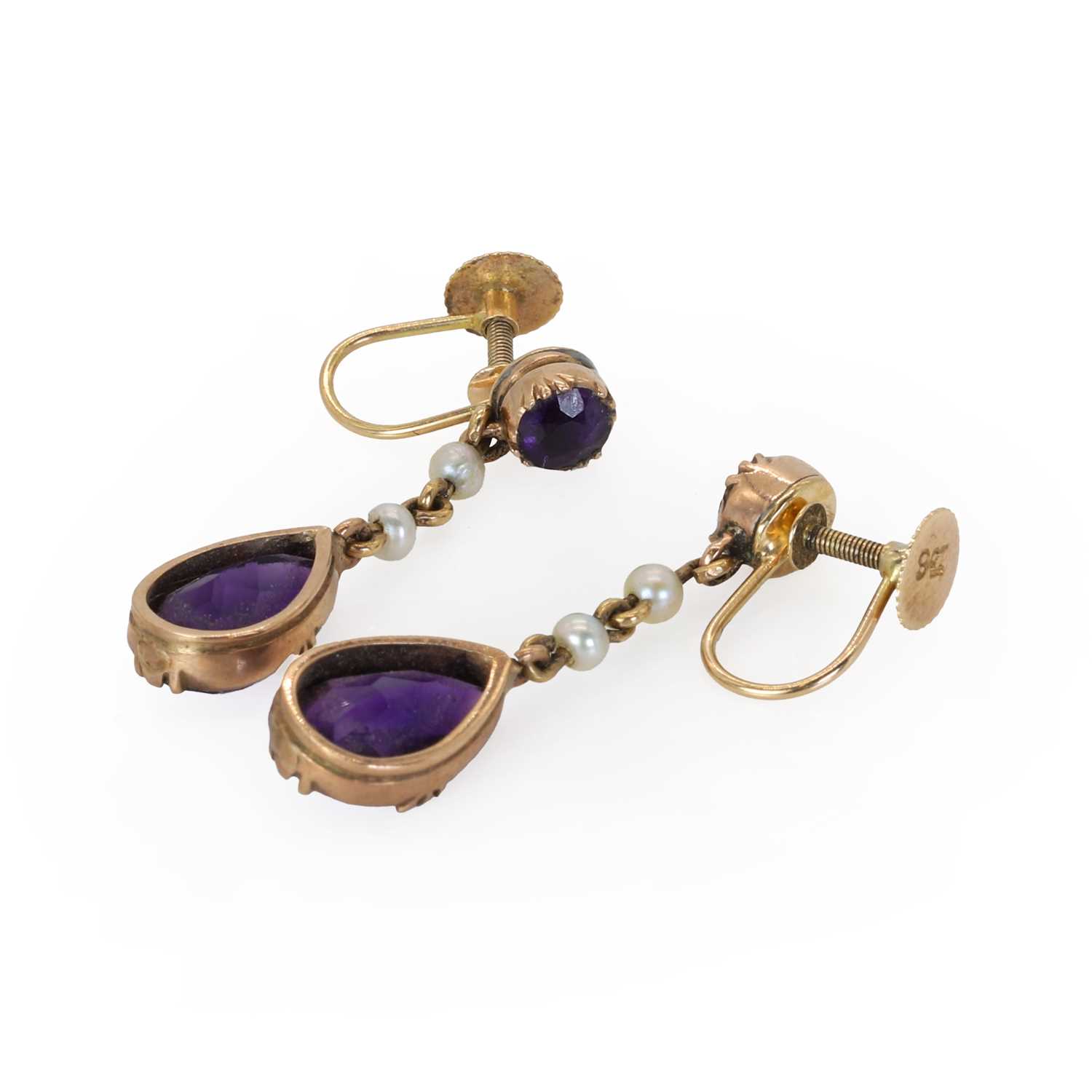 A pair of Edwardian gold amethyst and seed pearl drop earrings, - Image 2 of 2