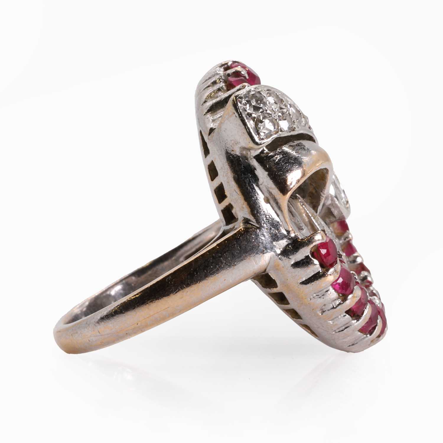 A diamond and synthetic ruby swirl design ring, c.1940-1950, - Image 2 of 3