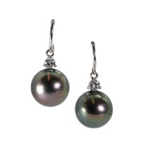 A pair of Tahitian pearl and diamond drop earrings,