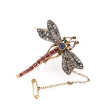 A diamond and gemstone set dragonfly brooch, c.1890,