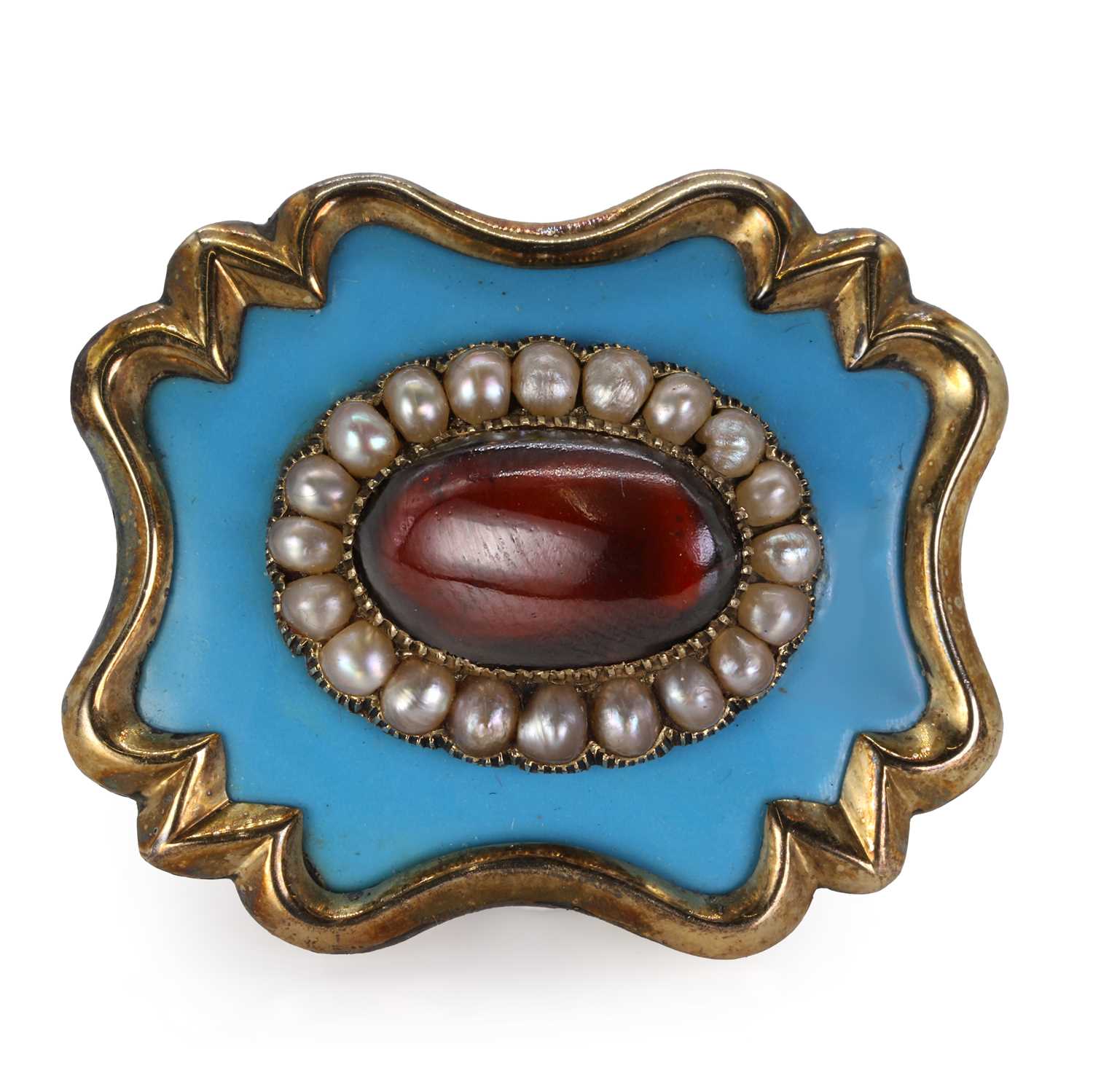 A turquoise enamel, seed pearl and cabochon garnet memorial brooch, - Image 2 of 4