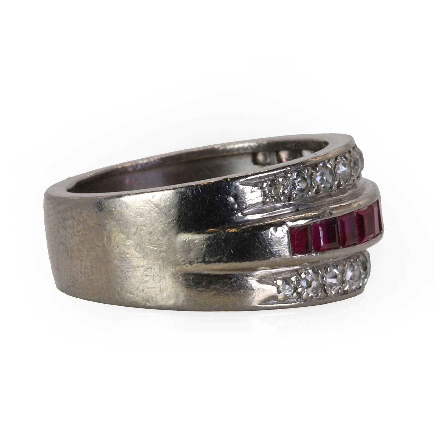 A white gold ruby and diamond three row dress ring, - Image 2 of 3