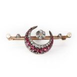 A late Victorian ruby, diamond and pearl crescent brooch,