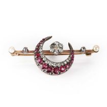 A late Victorian ruby, diamond and pearl crescent brooch,