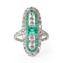 An emerald and diamond oval plaque ring,