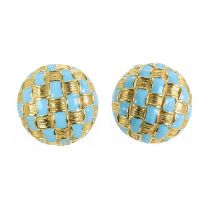 A boxed pair of 18ct gold and enamel clip earrings, by John Donald,