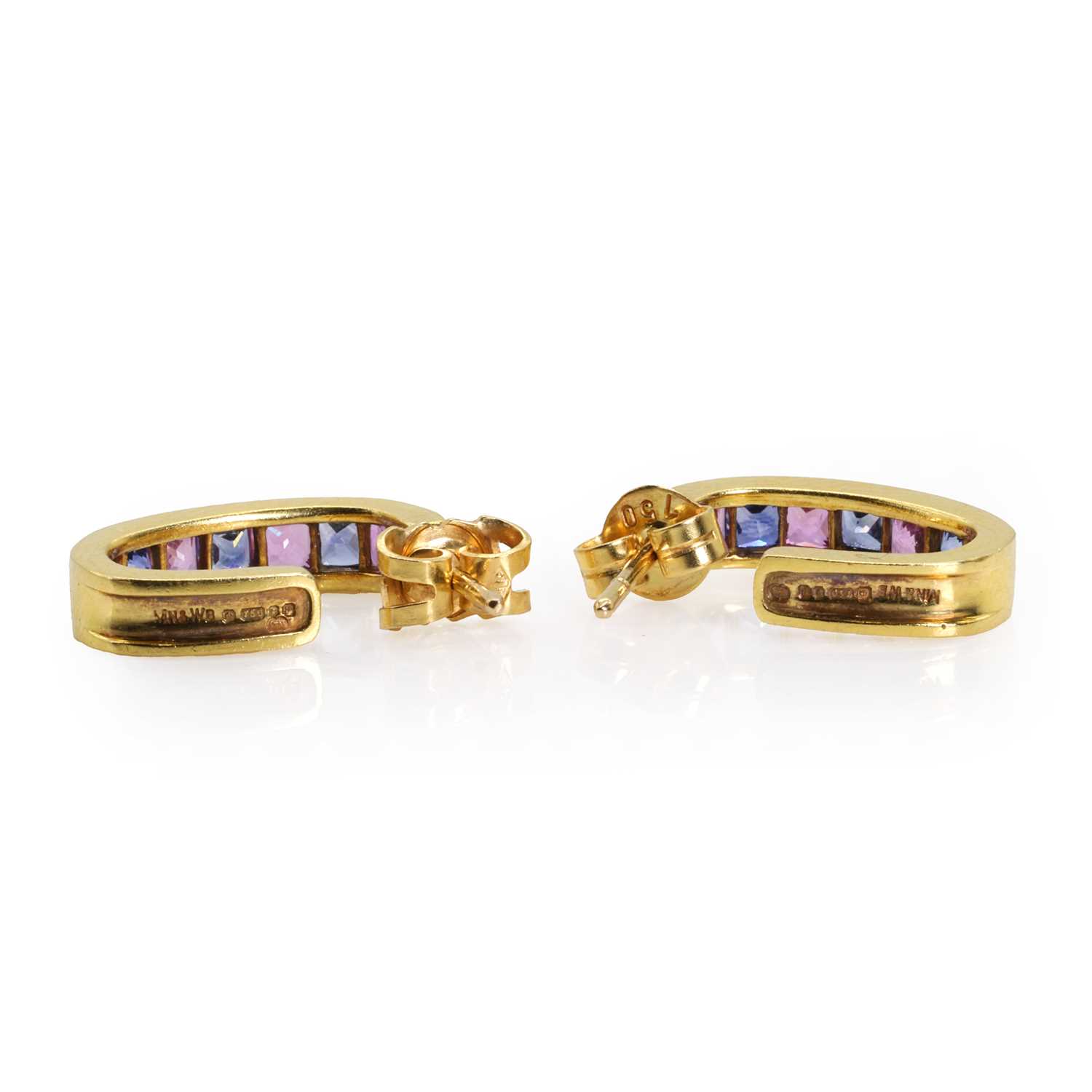 A pair of 18ct gold pink and blue sapphire cuff earrings, by Mappin & Webb, - Image 2 of 3