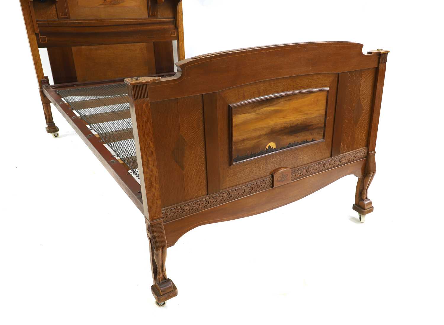 An Edwardian mahogany, oak and parquetry single bed - Image 2 of 10