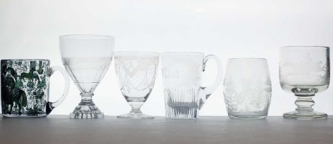 A group of six drinking glasses
