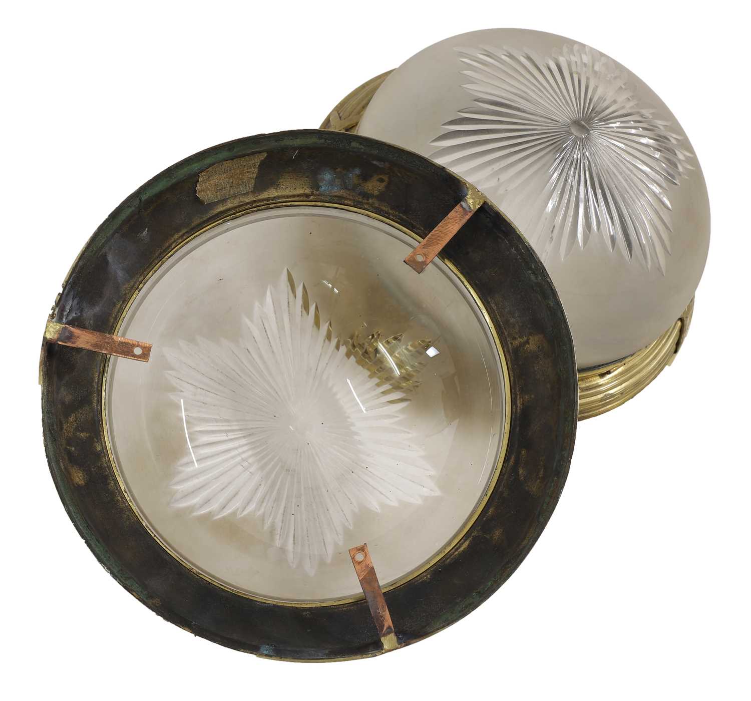 A set of three gilt-metal and frosted glass ceiling lights. - Image 2 of 2