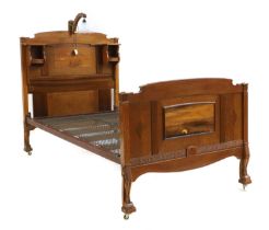 An Edwardian mahogany, oak and parquetry single bed