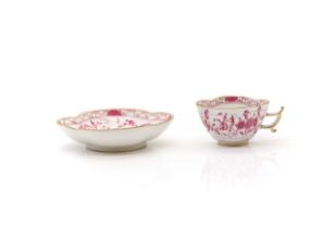 A Meissen porcelain pink 'Indian' pattern cup and saucer,