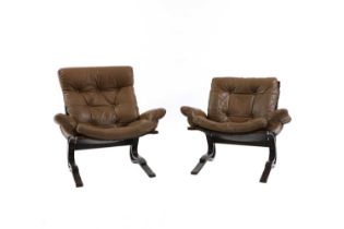 A near pair of Norwegian 'Skyline' beech bentwood lounge chairs,