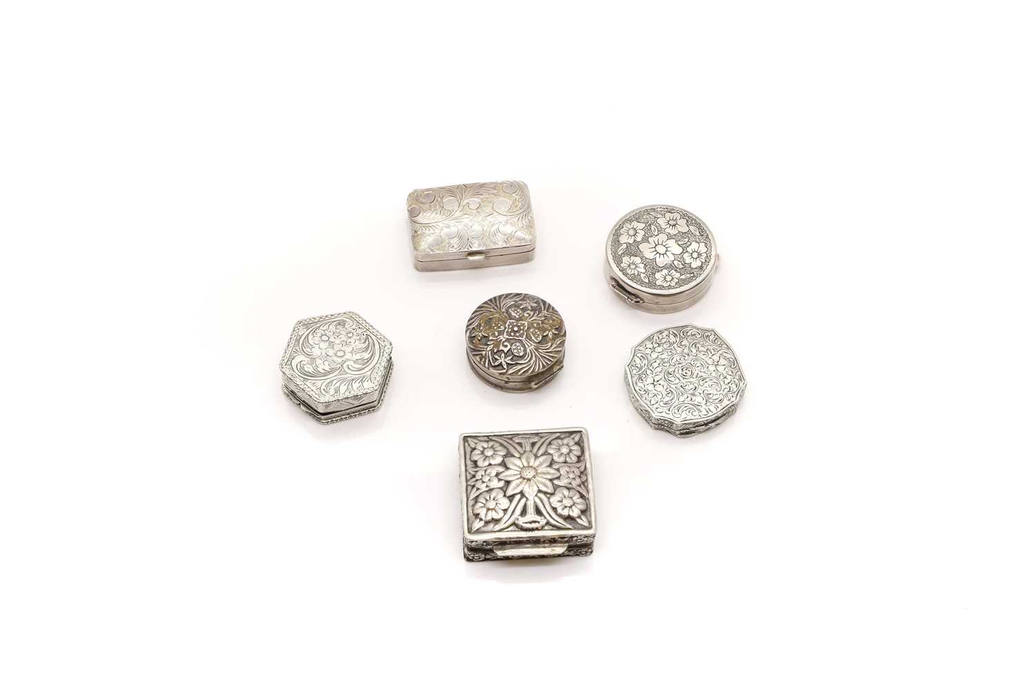 A group of six silver boxes