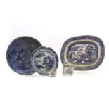 A blue and white transfer ceramic meat plate,
