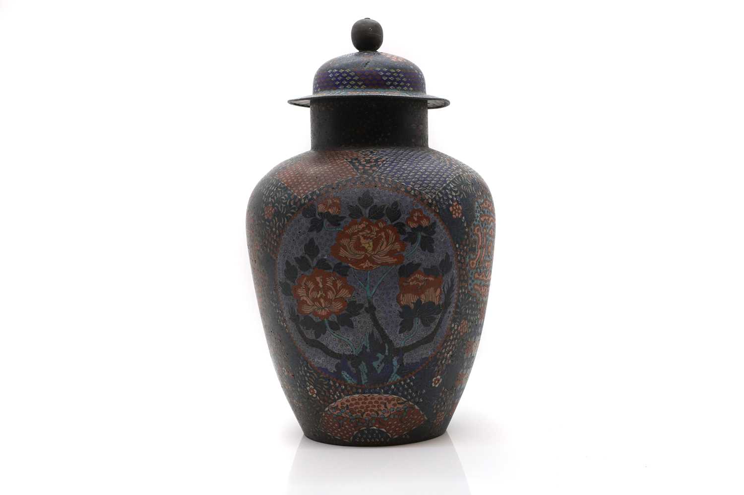 A Japanese cloisonne polychrome vase and cover,