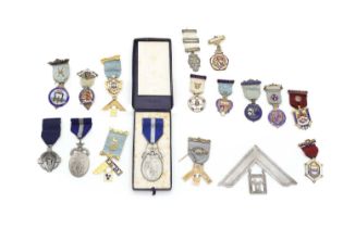 A collection of silver and 9ct gold Masonic medals