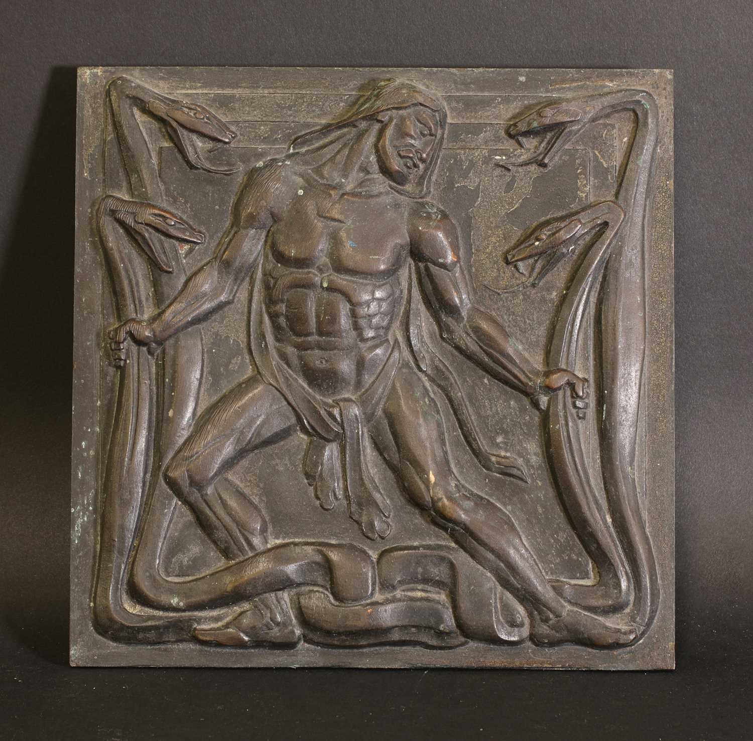 An Art Deco bronze plaque of Hercules and the Lernaean Hydra,