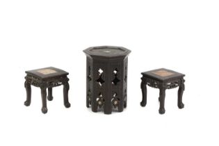 A pair of Chinese hardwood and marble inset jardiniere stands,