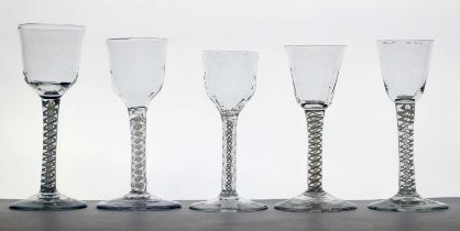 A group of five 18th century wine glasses,