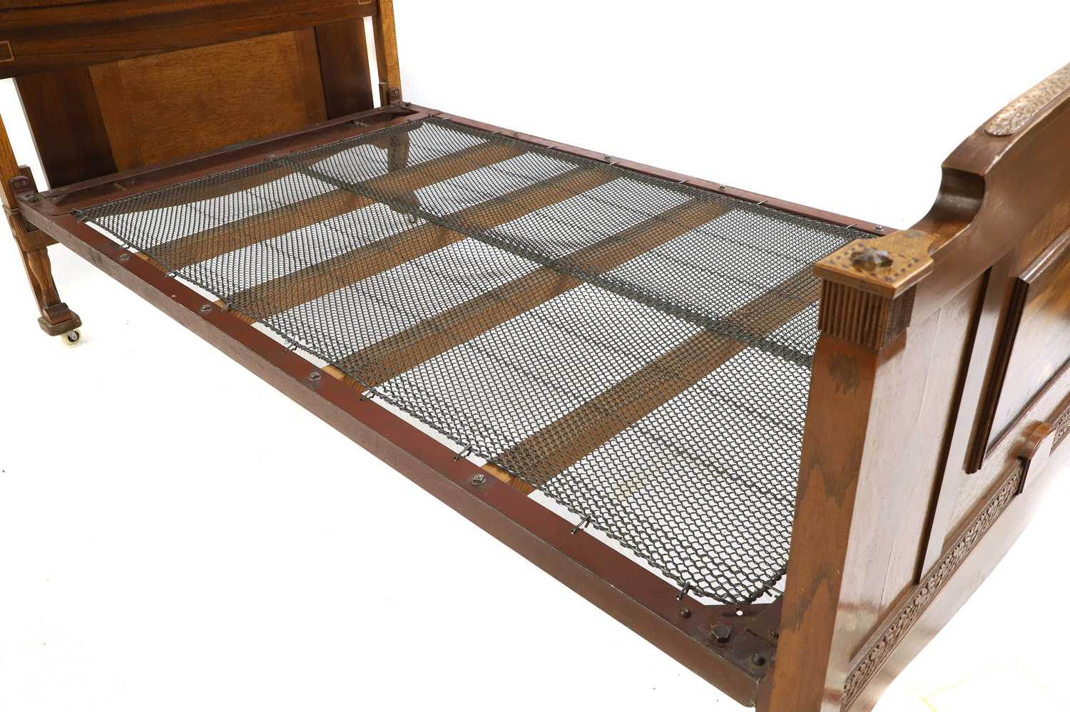 An Edwardian mahogany, oak and parquetry single bed - Image 3 of 10