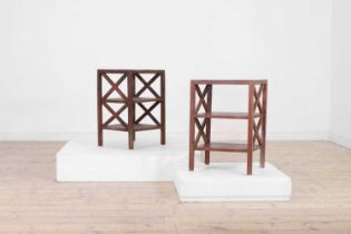 A pair of stained wooden side tables,