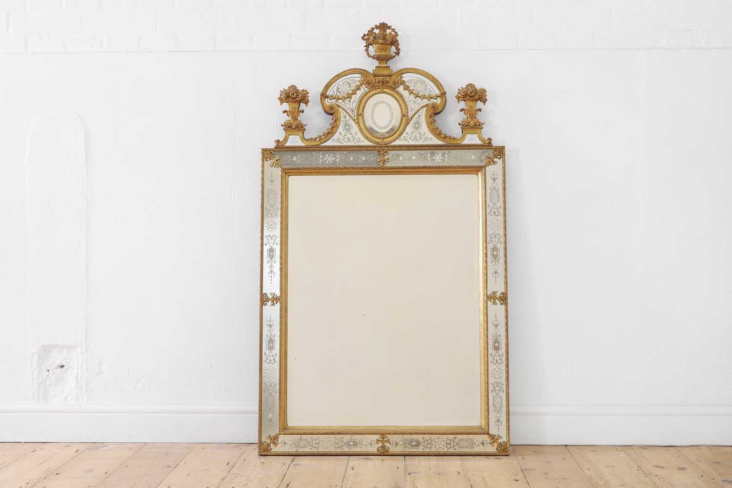 A gilt-metal, giltwood and etched glass wall mirror, after the model by Burchard Precht, - Image 2 of 5
