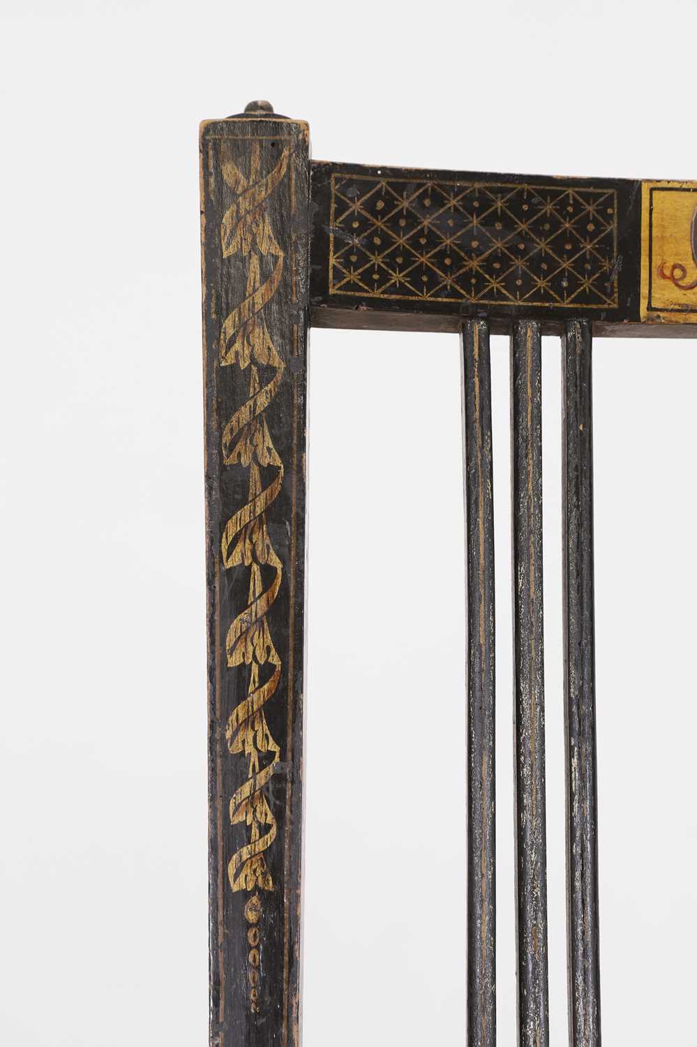 A pair of George III ebonised and painted wooden side chairs, - Image 5 of 6