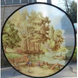 after L. C. van Hunnik: a reverse printed glass panel - depicting a father and son fishing in a