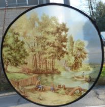 after L. C. van Hunnik: a reverse printed glass panel - depicting a father and son fishing in a
