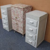 A pair of retro mid-century Utility-style painted bedside cabinets - 1940s-50s, with faux-marble