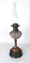 A Victorian glass, brass and copper oil lamp by Sherwoods of Birmingham - the pink opaque glass