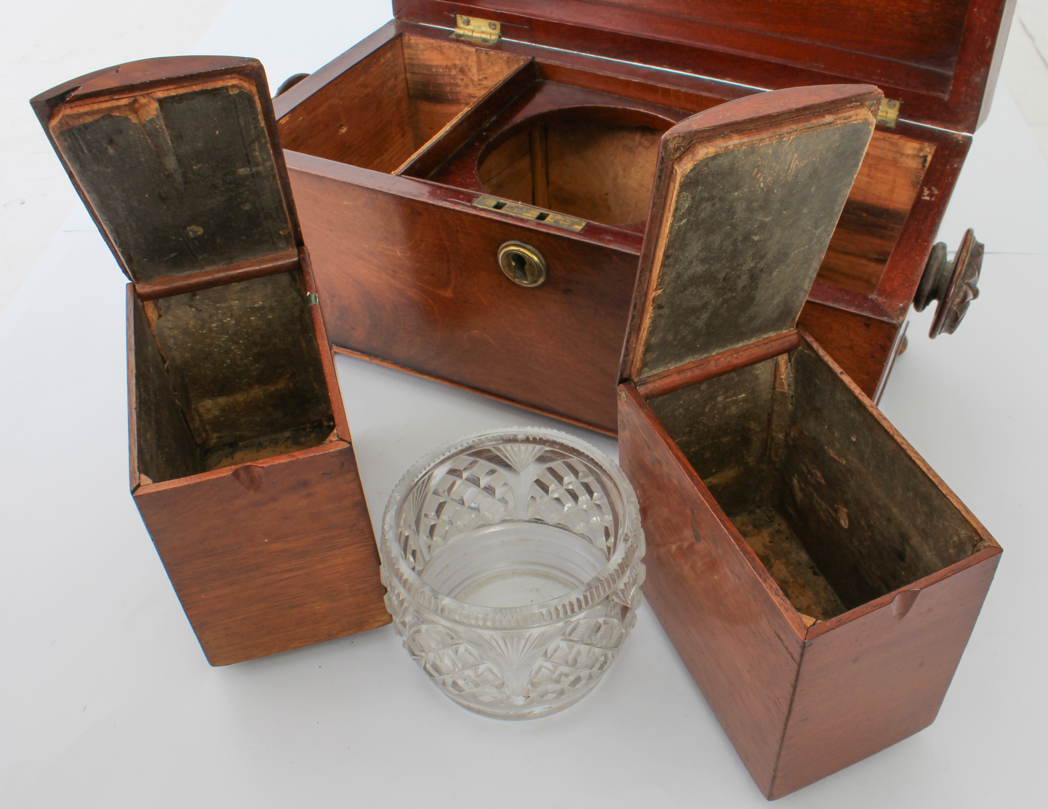 A mid-19th century mahogany sarcophagus tea caddy - with fan carved handles and turned bun feet, the - Image 3 of 9