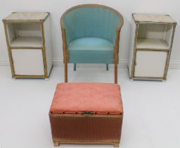 A pair of Lloyd Loom style bedside cabinets - 1930s, later painted white and gilt, with