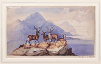 Sir Sacheverell Reresby Sitwell (1927-2009) Stags and deer on a highland crag watercolour, signed to