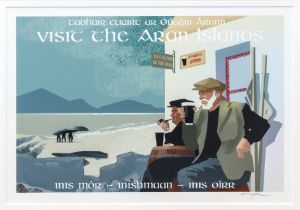 A colour giclee print of an Irish travel poster by Roger O'Reilly - 'Visit the Aran Islands', signed