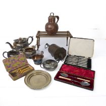 A selection of metalware to include silver plate: including a brass trivet, a copper Jersey can, a