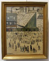 In the style of L.S. Lowry 'Going to the Match' Oil on canvas (relined) Frame 40 x 32 cm.