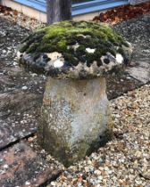 A Cotswold staddle stone - with well weathered and moss covered top, 61cm. diameter, 73cm. high.