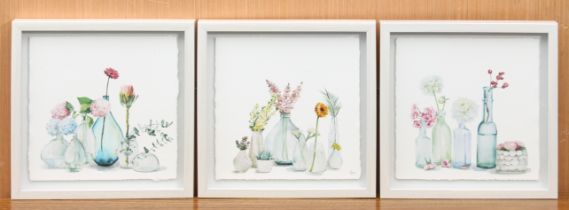 Eyre Tarney (contemporary) - a set of three colour prints of flowers in glass vases, on deckle