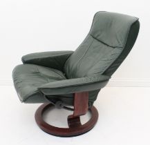 A dark green leather 'Stressless' style reclining chair - on circular stained beech wood swivel